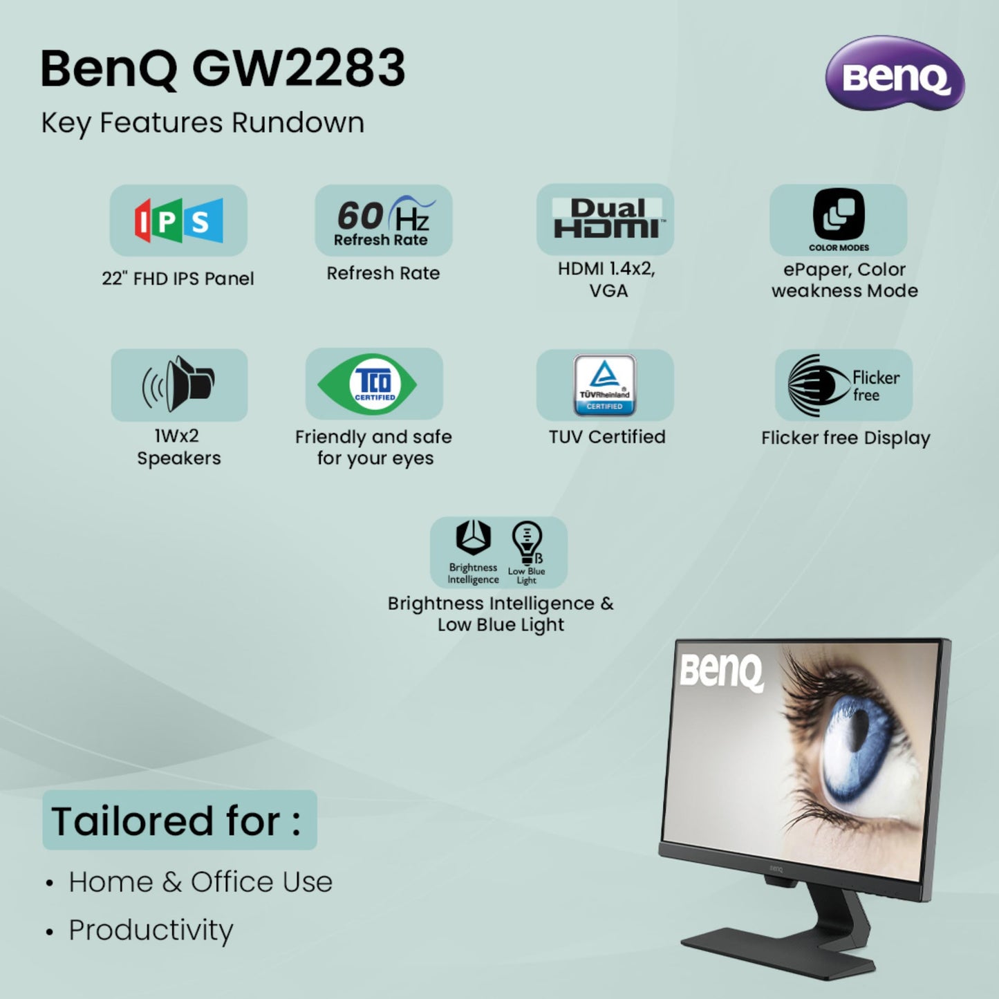 BenQ GW2490E 24 Inch Monitor, Gaming 100Hz, Full-HD, IPS, Eye-Care, HDMI, DP
